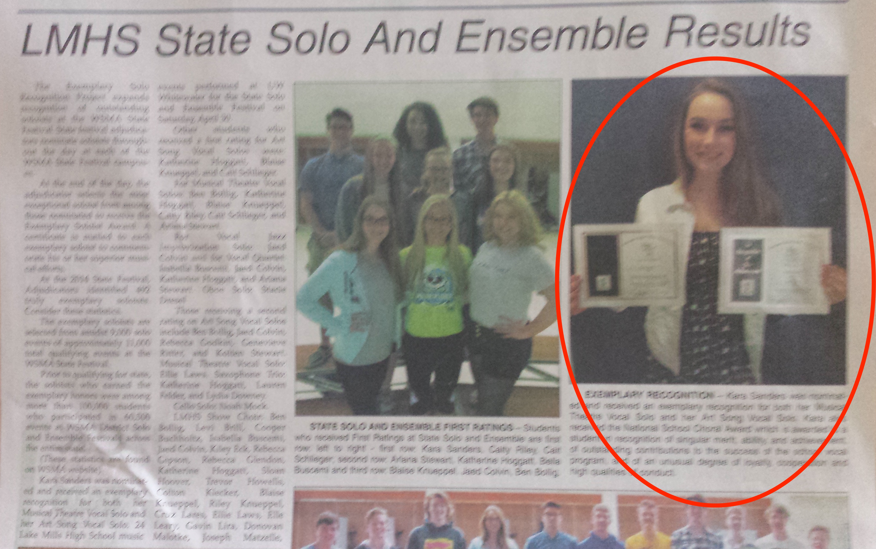 Kara Solo and Ensemble Wisconsin School Music Association Vocal winner