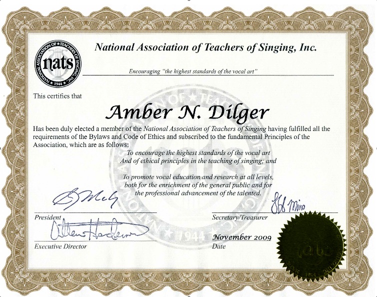 National Association of Teachers of Singing NATS Member Certificate