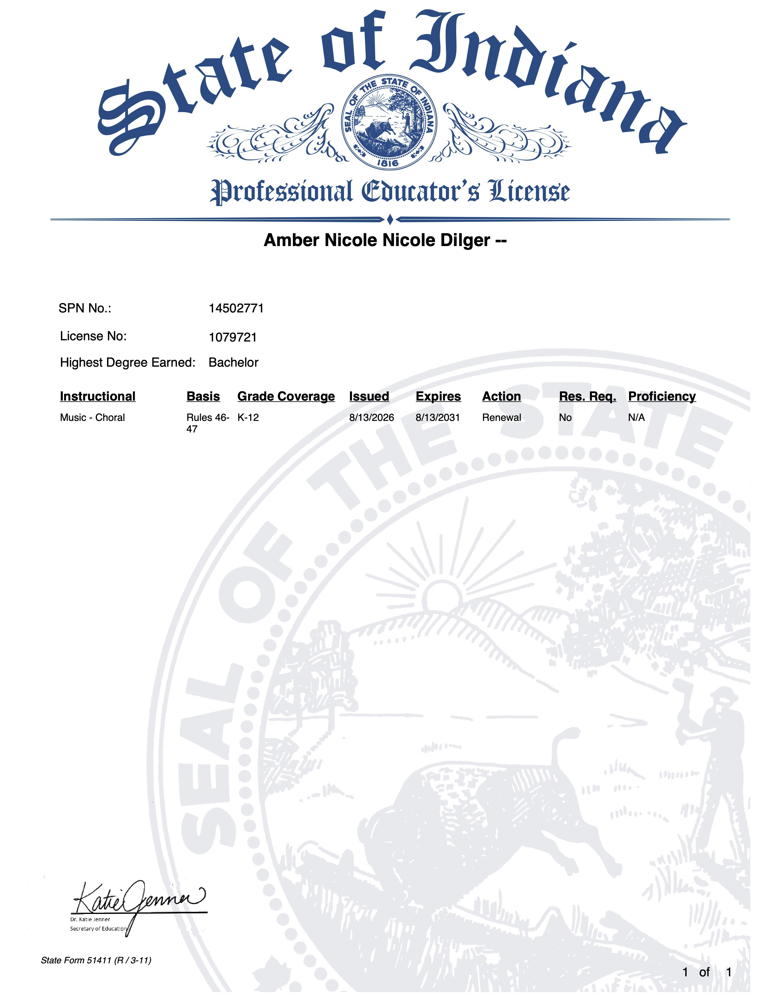 Music Teaching License State of Indiana